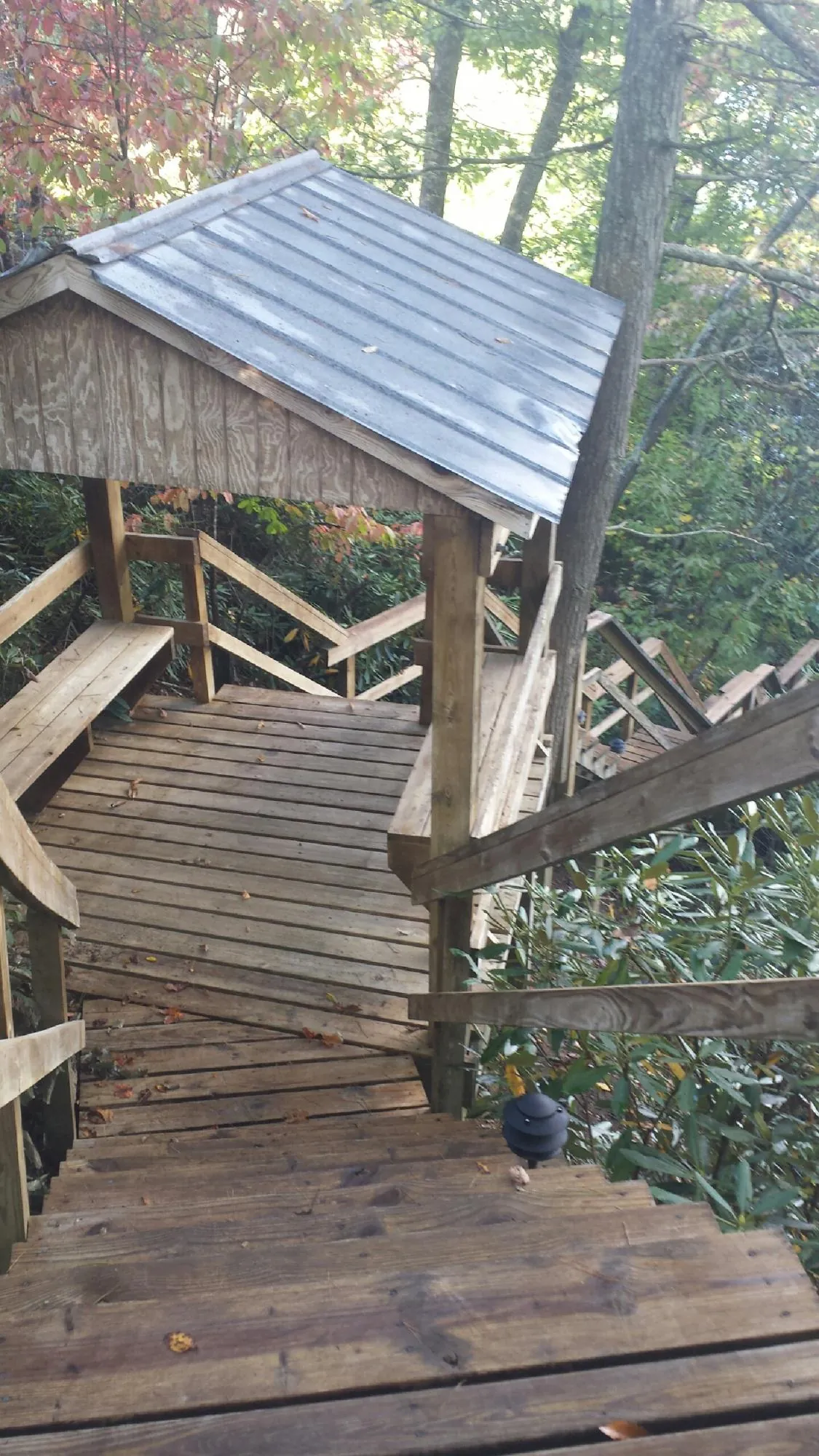 Metal roofed shelter over wooden steps on a wooded walkway — Skylight Repair & Installation work by our crew in Oldenburg